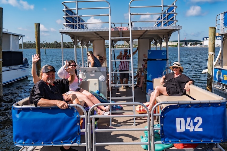 large group on double decker pontoon rental at panama city beach marina